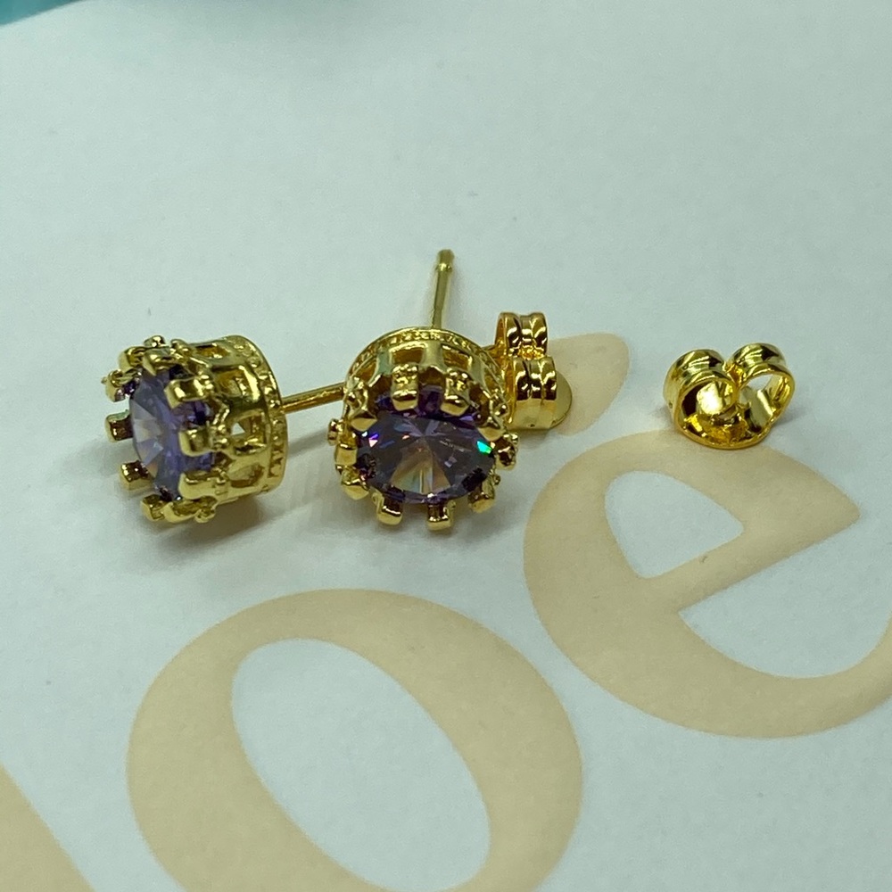 Gold Plated Purple CZ Stud Earrings - Picture 2 of 3